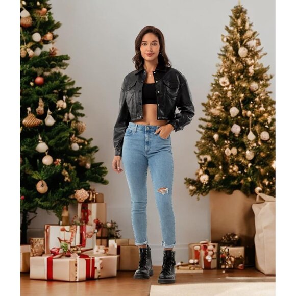 Women Black Cropped Moto Biker Short Comfortable Pu Faux Leather Fashion Jacket - Picture 4 of 7